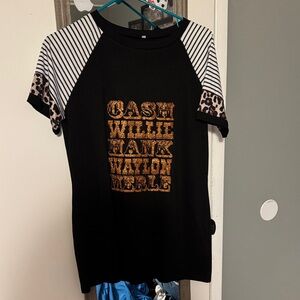 Black Graphic T-Shirt with Striped and Leopard Sleeves